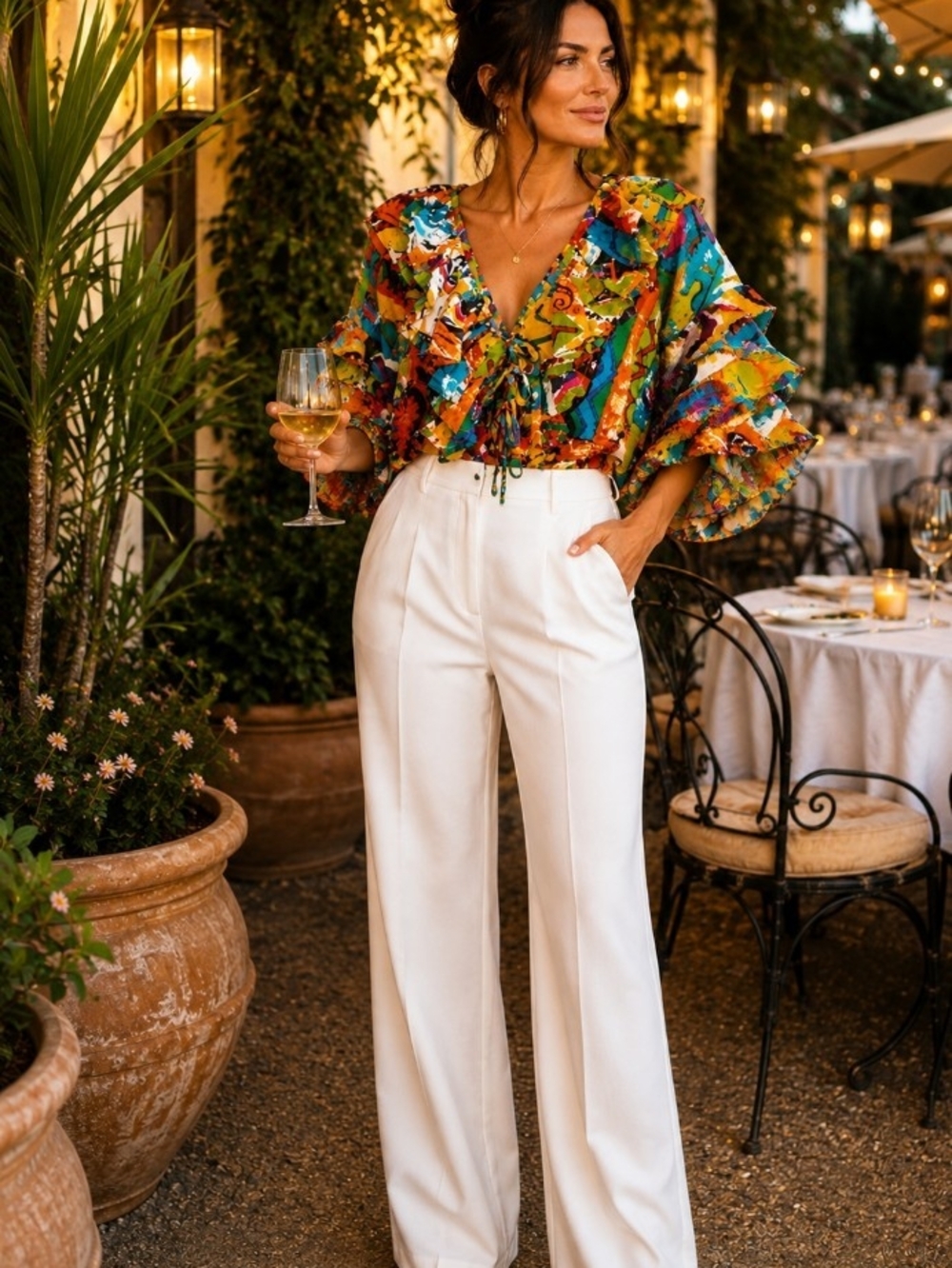 Vibrant Multi-Color Ruffle V-Neck Women's Top - Picture 2 of 8